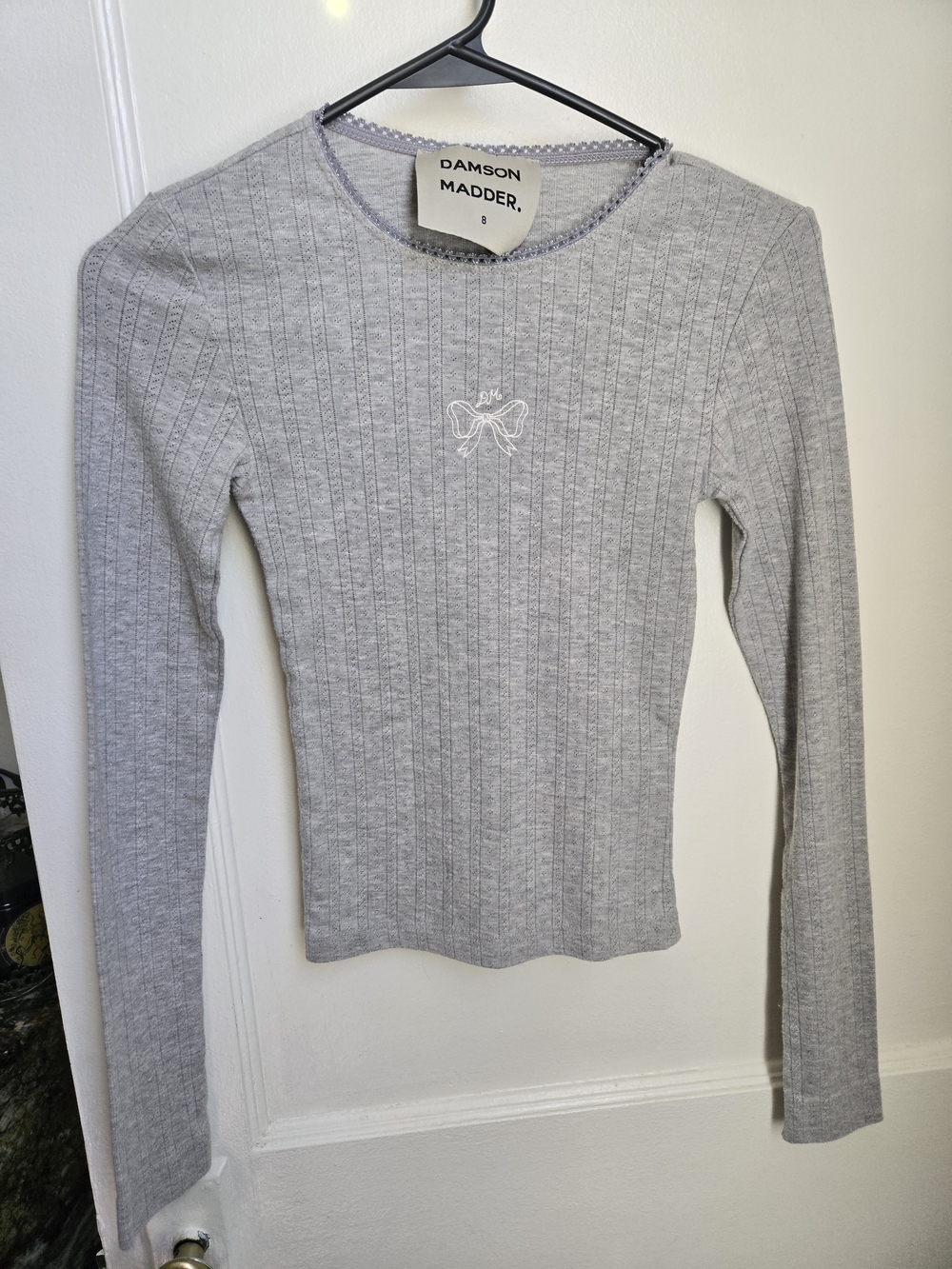 Damson Madder Gray Ribbed Long-Sleeve Tee with Bow Detail